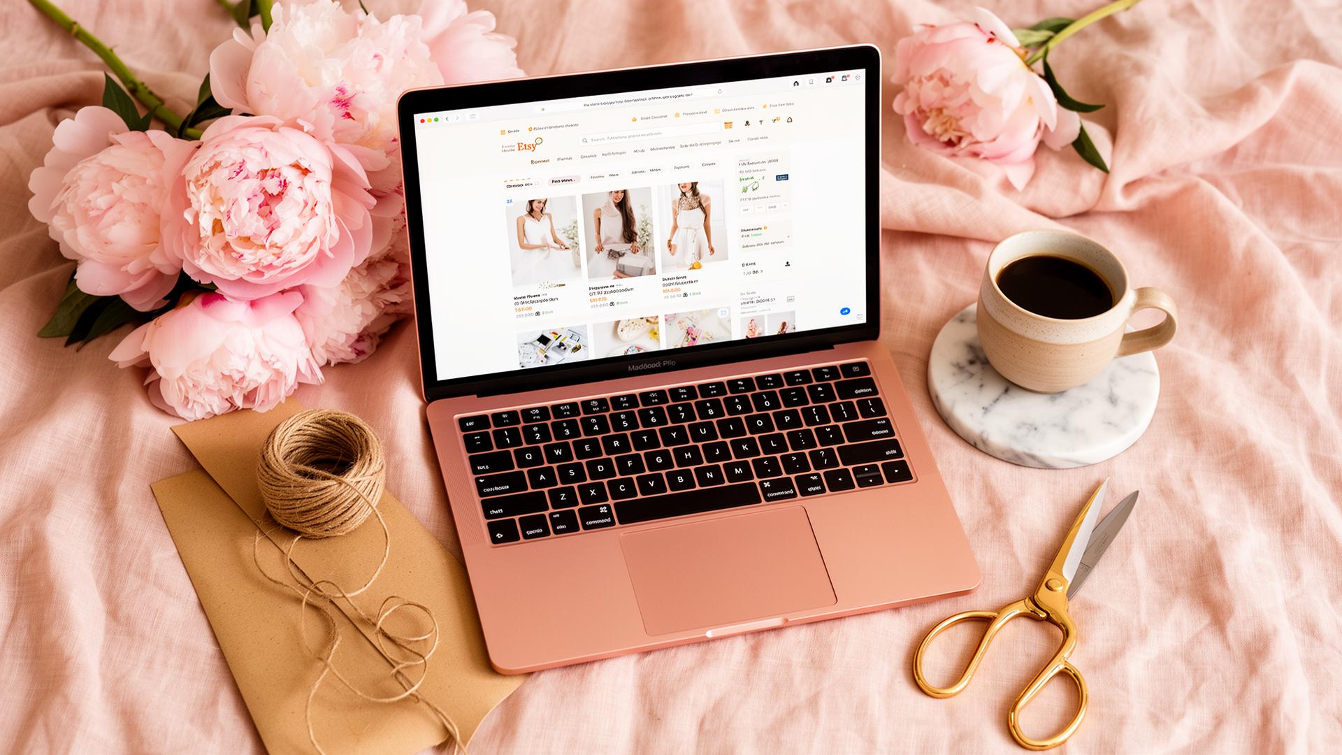 A rose gold laptop on a blush linen workspace styled with peonies